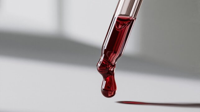 Transparent glass pipette dispenses a continuous stream of dark red serum onto a minimal surface