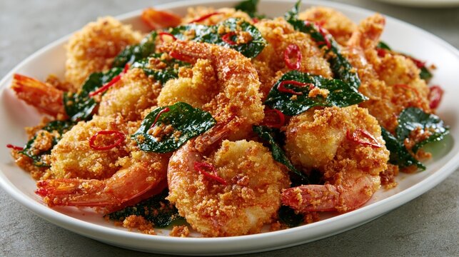 Crispy fried prawns coated in golden sandy salted egg crumbs with glossy curry leaves and chili