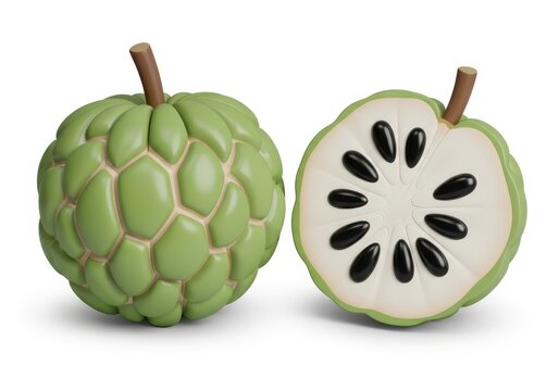 3D Render of Fresh Custard Apple Fruit Isolated on White Background - Whole and Half Cut Sugar Apple with Seeds