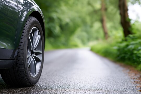 View of a dark green vehicle's tire on a wet road in a vibrant green forest