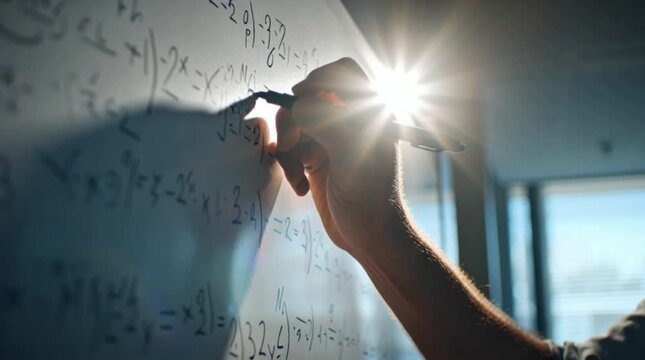 An artistic, close-up photograph capturing a person's hand writing intricate mathematical and physics equations onto a white board using a dark gray marker