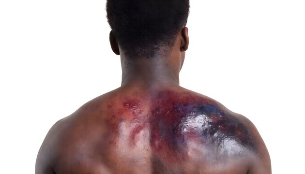 Posterior view of upper back contusion with large hematoma on male patient. Clinical medical photo of severe spine area bruising, white background.