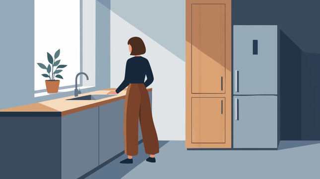 Flat design illustration of a woman standing in a kitchen by a sunlit window