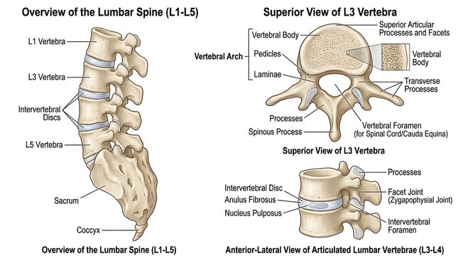 Lumbar spine overview and superior view of l3 vertebra with vertebra, vertebrae