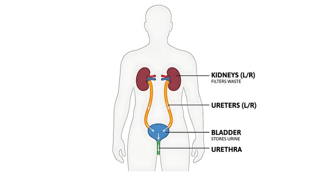 Human body diagram showing kidneys ureters bladder urethra with structure