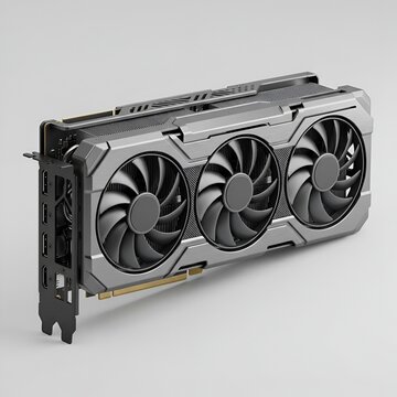 Powerful modern computer graphics card GPU with triple cooling fans isolated on gray background