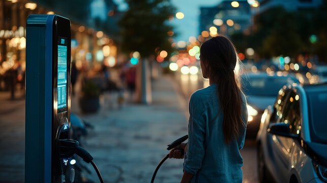 夕暮れの街角で電気自動車の充電ケーブルを手にする女性の後ろ姿