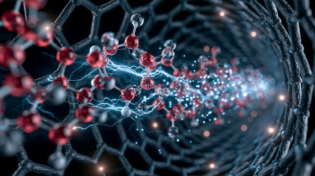 Carbon nanotube structure with glowing molecular atoms and electrical energy flow inside.