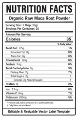 Fototapeta premium nutrition facts vector label template for organic raw maca root powder