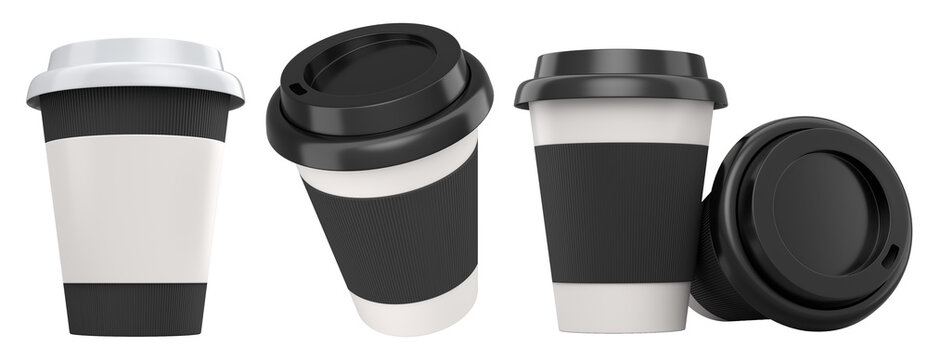Set of takeaway coffee cups with lids, isolated on white background, concept of beverage