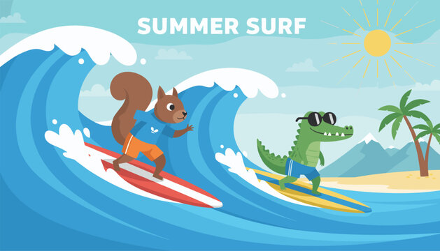 Fun summer cartoon scene of a cute squirrel and a crocodile surfing on massive ocean waves near a beach.