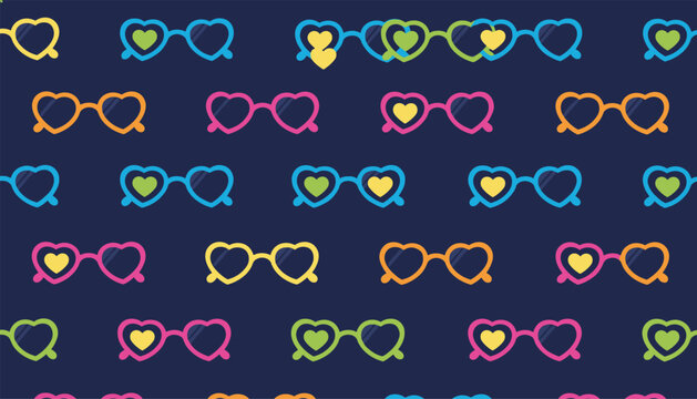 Seamless pattern of retro heart shaped sunglasses in colorful neon frames over a dark navy background.