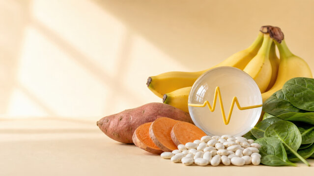 Potassium Rich Banana Sweet Potato Beans and Spinach with Healthy Pulse Symbol
