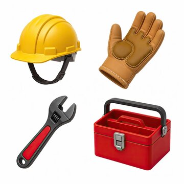 3D rendered icon set of  construction tools for labor day &mdash; yellow hard hat, leather work glove, combination wrench, and red steel toolbox