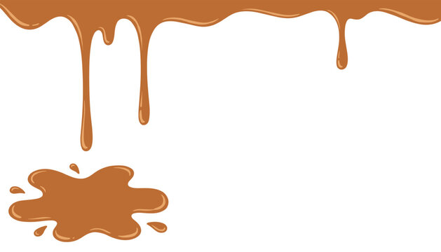 Sweet liquid chocolate or caramel dripping from the top edge with a spilled splash puddle on a white background.