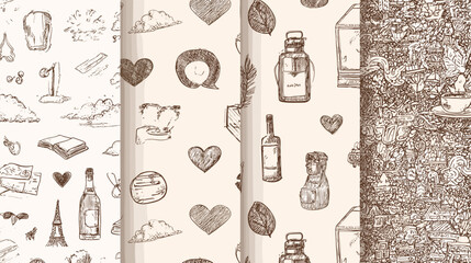 Seamless Artistic Pattern Design with Vintage Food and Travel Elements in Soft Monochrome Colors © AI PIC