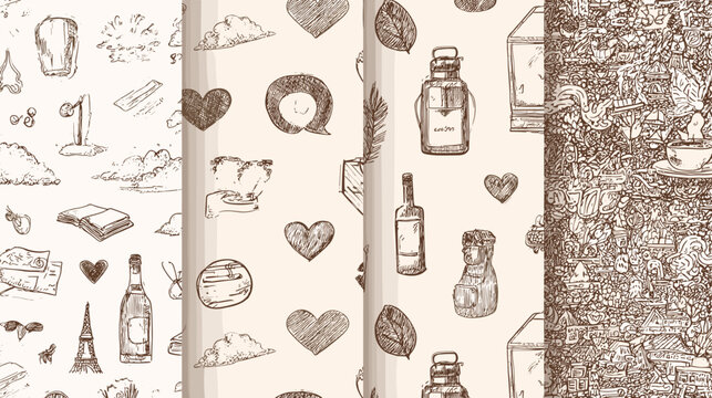 Seamless Artistic Pattern Design with Vintage Food and Travel Elements in Soft Monochrome Colors