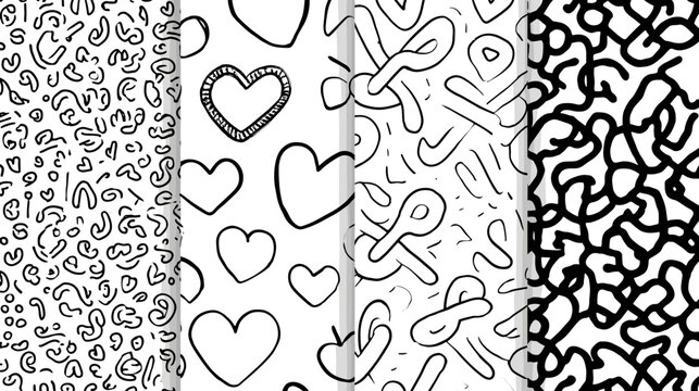 Playful Black and White Pattern Featuring Hearts, Leopards, and Abstract Shapes