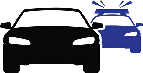 Police car chase icon, law enforcement vehicle pursuing another car, emergency response symbol for public safety, traffic control and security design. © Crown Stock Hub