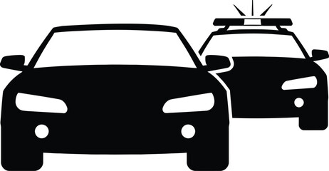 Police car chasing vehicle icon, emergency pursuit symbol illustrating law enforcement, traffic policing, public safety and crime prevention concepts. © Crown Stock Hub