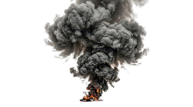 Billowing dark gray smoke erupting upwards from a small intense fire with flames against a white background transparent background
