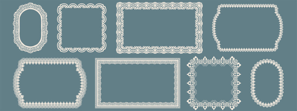 Rectangle scallop edge frame with lace border and decorative brush trim. Square scalloped pattern with wavy ruffle and antique frill. Doily card set with oval motif and vintage valentine wiggle