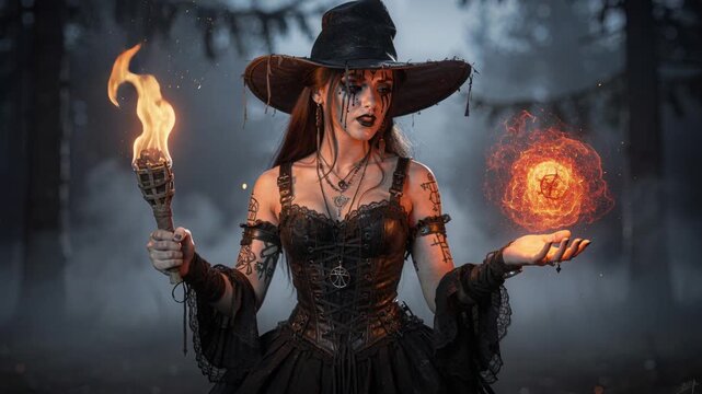 Dark witch in tattered black dress and wide brim hat conjures fiery orb
