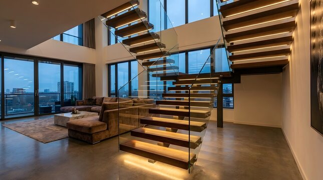 Modern Luxury Duplex Apartment with Floating Staircase and City Views.