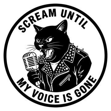Black Cat Rock Star Singing Into Microphone Wearing Leather Jacket with Spikes