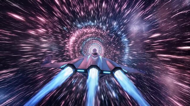 Futuristic digital space travel through stargate vortex with light streaks