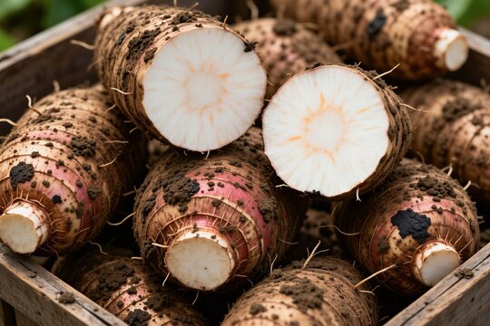 Fresh harvested taro roots with brown skin in wooden crate. Cut organic vegetable showing white starchy interior texture covered with dark soil. Tropical tuber crop agricultural produce for healthy