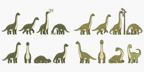 Set of cute cartoon brachiosaurus dinosaurs in various poses, prehistoric animal collection isolated on transparent background. © Akun