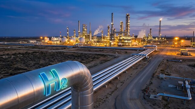 Industrial hydrogen production facility in arid landscape with H2 pipeline conveying clean energy for sustainable future transportation and power generation.