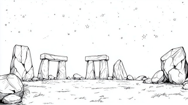 Ancient stone structure under starry sky, featuring large monoliths and smaller rocks, creating mystical atmosphere
