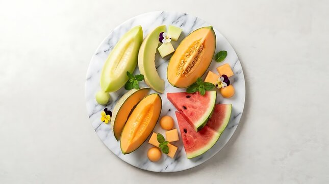 Sliced melons and watermelon platter on white marble.