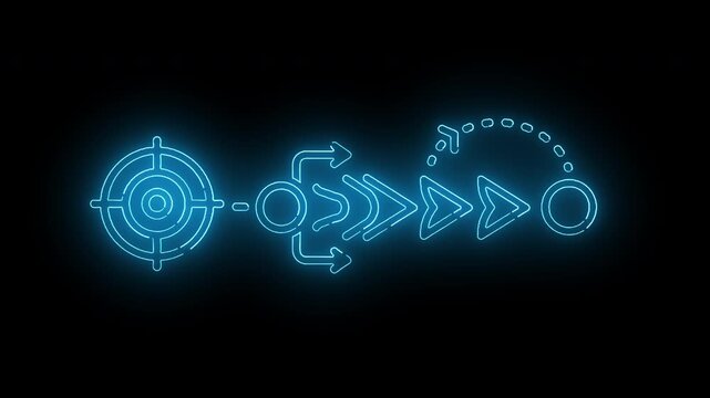Neon blue flowchart symbols on a black background with a white section at the bottom.
