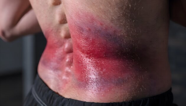 Close-up of lower back muscle strain and skin redness from athletic injury. Clinical photo of lumbar spine trauma for sports medicine reference.