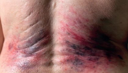 Fototapeta premium Medical photography of lumbar muscle strain with external redness and bruising on lower back. Close-up clinical view of spine area injury and inflammation.