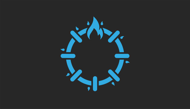 Circus ring of fire icon featuring a flaming blue hoop and droplets is isolated on a dark gray background.