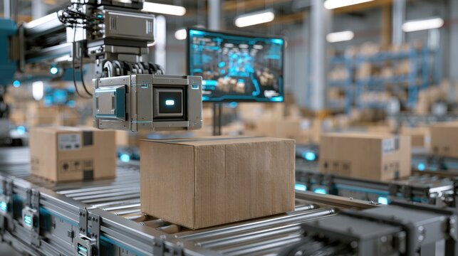 Robotic picking system Automated robotic arm scanning a cardboard box on a conveyor belt in a modern warehouse with digital interface.