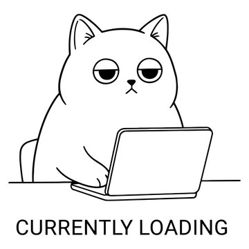 Bored Cat Typing on Laptop with Currently Loading Text, Funny Internet Meme