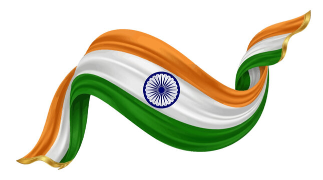 Elegant wavy indian flag ribbon with golden trim