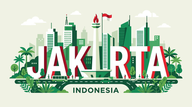 A bold flat design vector illustration presenting 'JAKARTA' typography, cleverly integrated with minimalist icons of the Monumen Nasional (Monas) and modern high-rises. 
