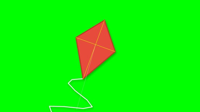 Red Diamond Kite Soaring in the Air with White Tail on a Solid Green Screen Background for Compositing and Video Production.
