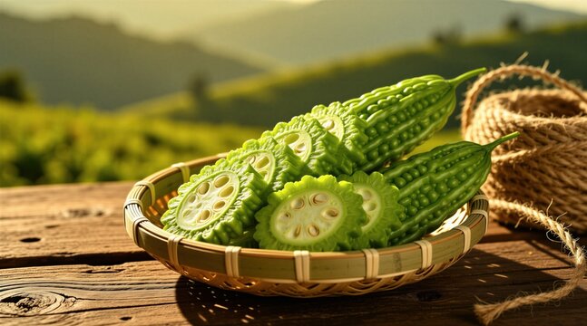 Fresh green bitter melon slices inside woven basket on wooden table. Organic vegetable pieces for healthy cooking in farm field background. Raw food ingredient with tropical skin texture sitting
