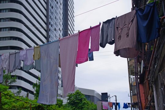  Urban contrast in Batumi with laundry drying against modern skyscrapers