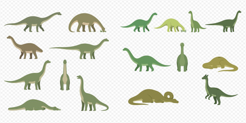Set of various long-necked dinosaurs, including brontosaurus and brachiosaurus, in different poses and colors, isolated on a transparent background. © Akun