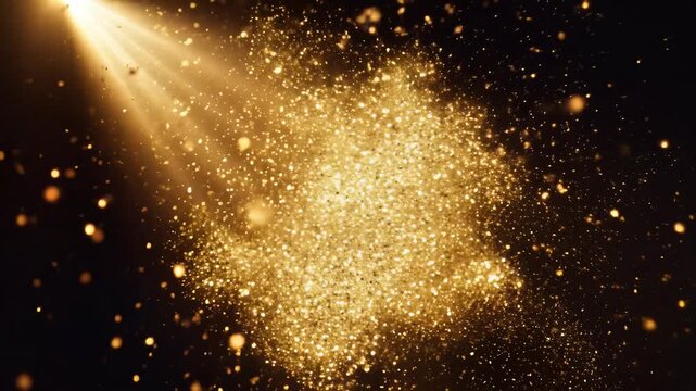 Golden particles explode in a radiant burst of light against a dark abstract background