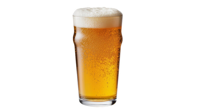 Full pint glass of golden ale beer with frothy head, isolated on transparent background