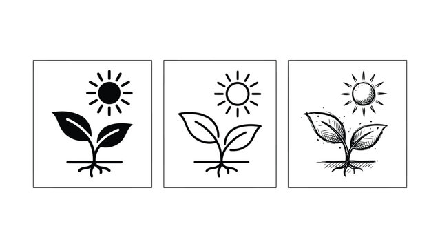 Three stylized icons representing a young plant growing under the sun in various artistic styles
